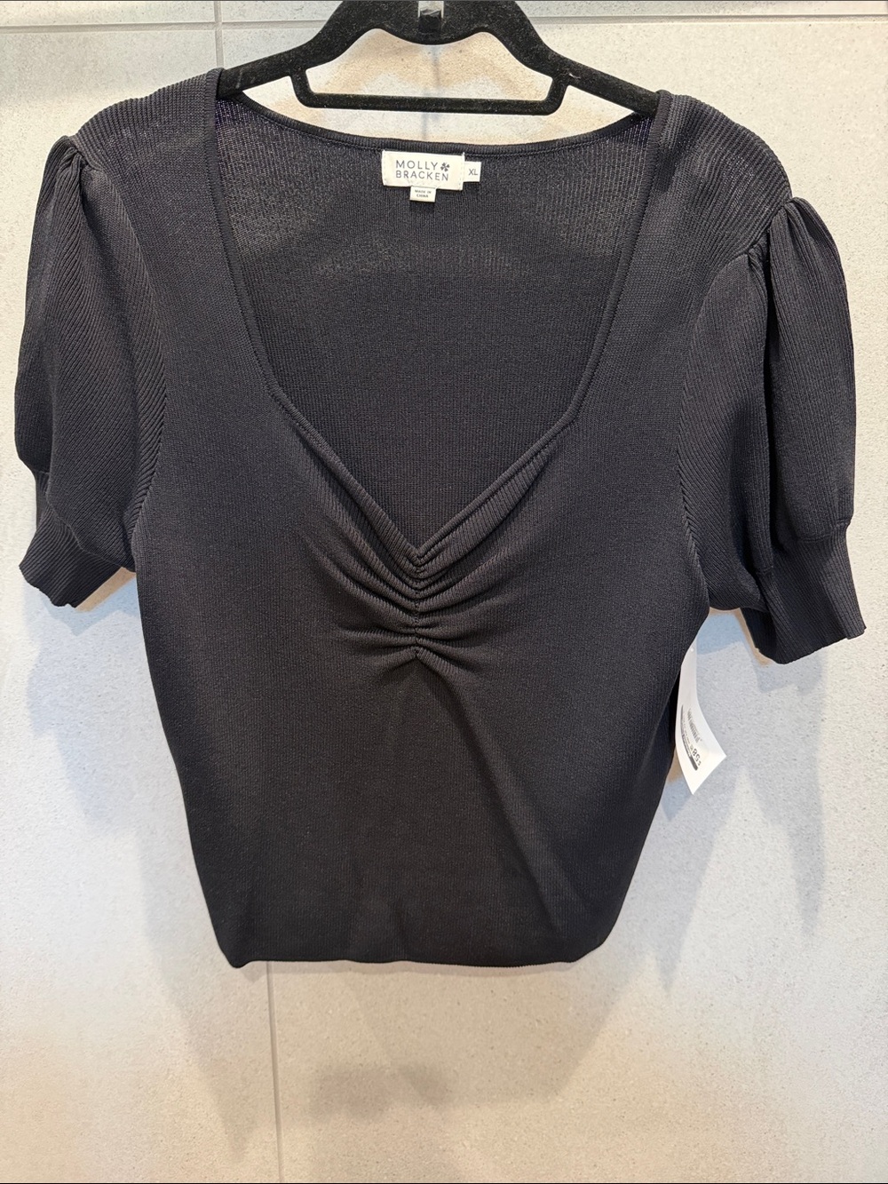 Molly Bracken Cher Black Ruched V-Neck Puff Sleeve Knit Top